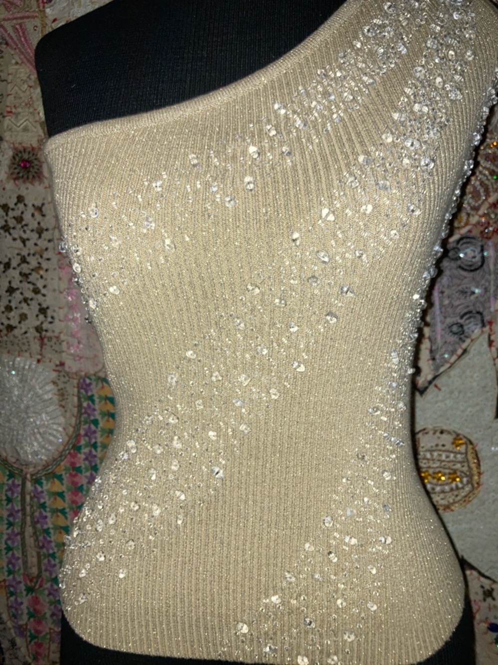Beaded One-Shoulder Knit Top in Champagne